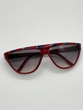 Vintage 80s Red French Sunglasses Blue Stripe Accent Made in France Retro